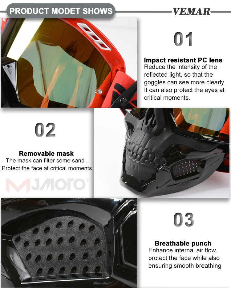 VEMAR Detachable Motorcycle Helmet Goggles Cycling Glasses Man Windproof Dust-proof Motocross Face Mask Goggles Glasses Block UV