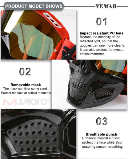 VEMAR Detachable Motorcycle Helmet Goggles Cycling Glasses Man Windproof Dust-proof Motocross Face Mask Goggles Glasses Block UV