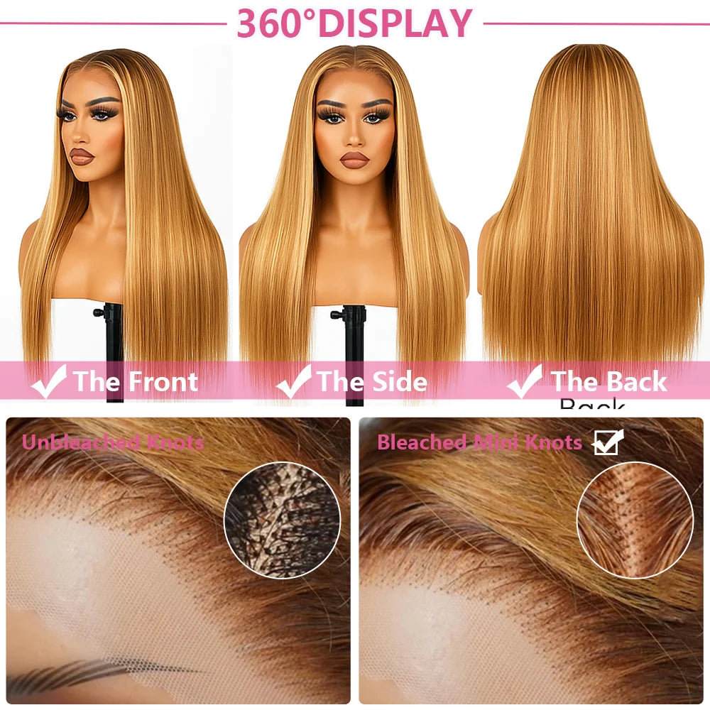 4/27 straight 13x4 Lace Frontal Highlight Wig Human Hair Brazilian 200 Density 30 Inch Ombre Blonde Colored Human Hair Wigs