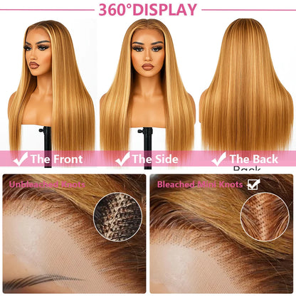 4/27 straight 13x4 Lace Frontal Highlight Wig Human Hair Brazilian 200 Density 30 Inch Ombre Blonde Colored Human Hair Wigs
