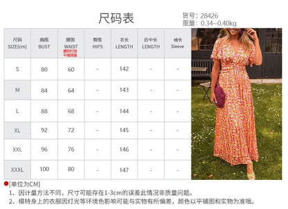 Summer Women Floral Print Casual Long Dress Fashion V Neck Short Sleeve Elegant Office Female Beach Party Maxi Dresses Robe