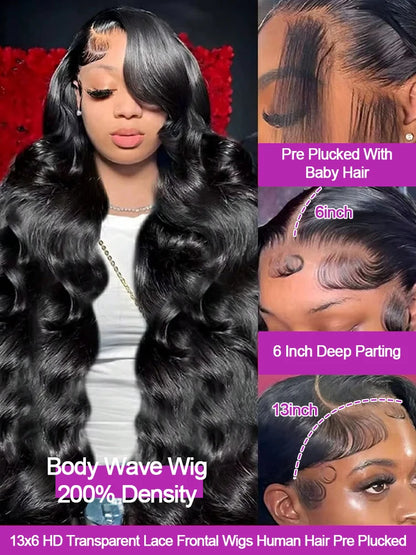 100% Human Hair Body Wave Lace Front Wig 300% Density 40 Inch Wigs 360 4x4 13x4 13x6 HD Lace Frontal Wig Brazilian Natural Black