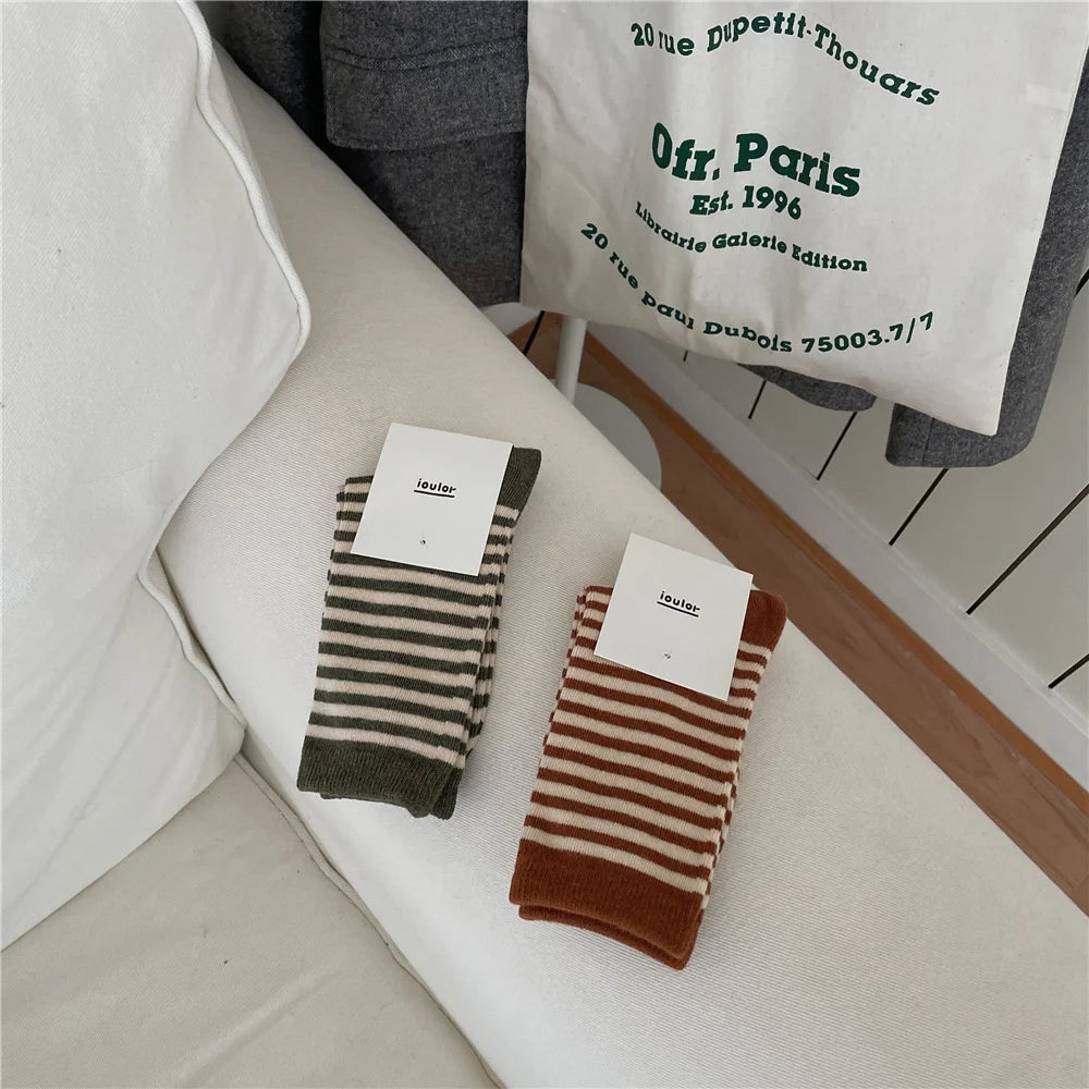 Korean Simple Colored Striped Cotton Socks Women’s Autumn Winter Breathable Middle Tube Socks College Style Trendy Casual Socks