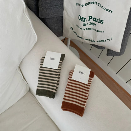 Korean Simple Colored Striped Cotton Socks Women’s Autumn Winter Breathable Middle Tube Socks College Style Trendy Casual Socks