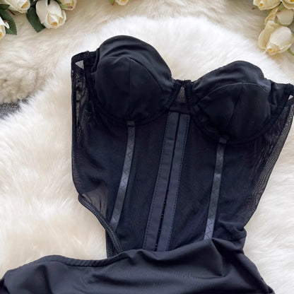 Foamlina  American Sexy Hollowed-out Waist Tube Top Dress for Women's Pleated Waist Hip-wrapped Streamer Girl's Short Dress