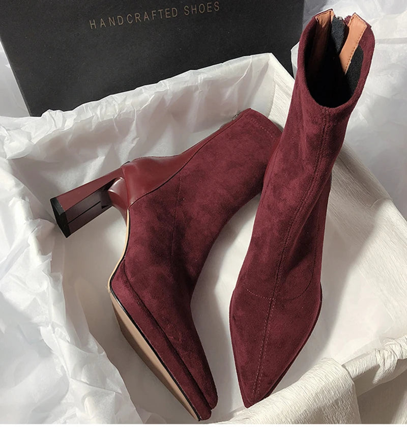 Square High Heel Women Ankle Boots Fashion Zippers Shoes Retro Style Autumn Winter Pointed Toe Ladies Dancing Party Prom Shoes