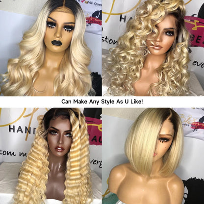 1B 613 Blonde Ombre Human Hair Wigs 13x6 Lace Front Wig Pre Plucked HD Transparent Lace Blond Black Roots Straight 180% Density