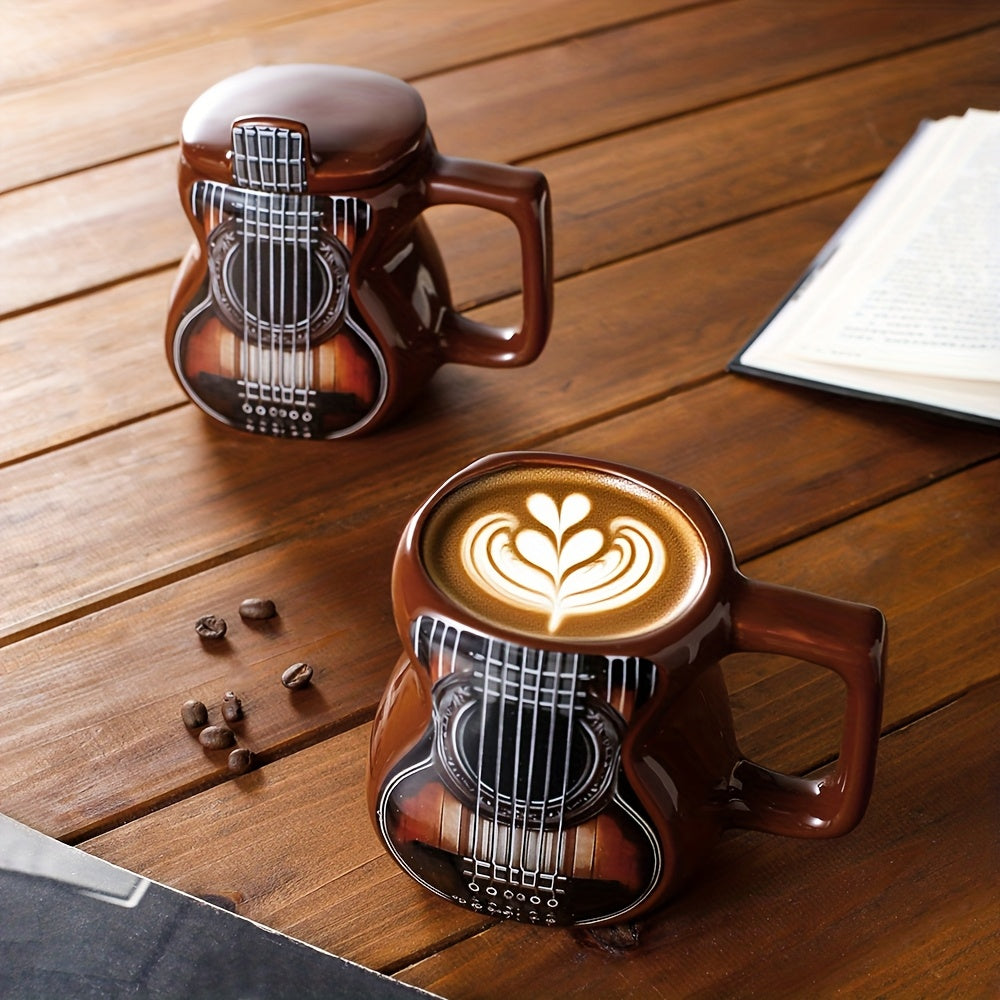 Guitar-Shaped Ceramic Mug - Large 500ml Music-Themed Coffee Cup with Spanish Lyre & Guitar Tab Design, Freezer- Lid, Hand Wash Only - Gift for Musicians, Musically-Inspired Drinkware for Home, Office, Dorm (Guitar Pick Accent