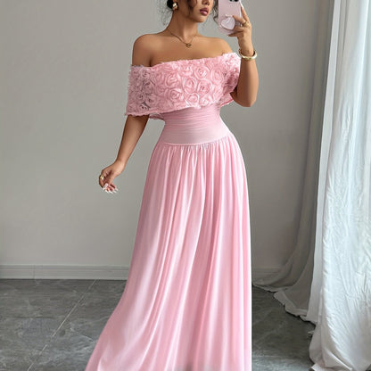 Women'S Elegant Off-Shoulder Maxi Dress - Formal Party Wedding Gown with Waist, Flattering A-Line Silhouette, Soft Pink Formal event dresses for Women - K2533418, Dresses for Wedding Guest, Evening Gown, Offshoulder Design, D