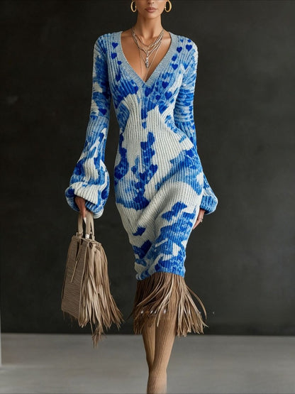 Autumn And Winter New Cross-border European And American Style Flower Dress, Loose V-neck Long Sleeves, Retro Tassel Decoration Exquisite Printing, Skin-friendly Pendant Without Wrinkle, Daily Dating Commuting Versatile Cross