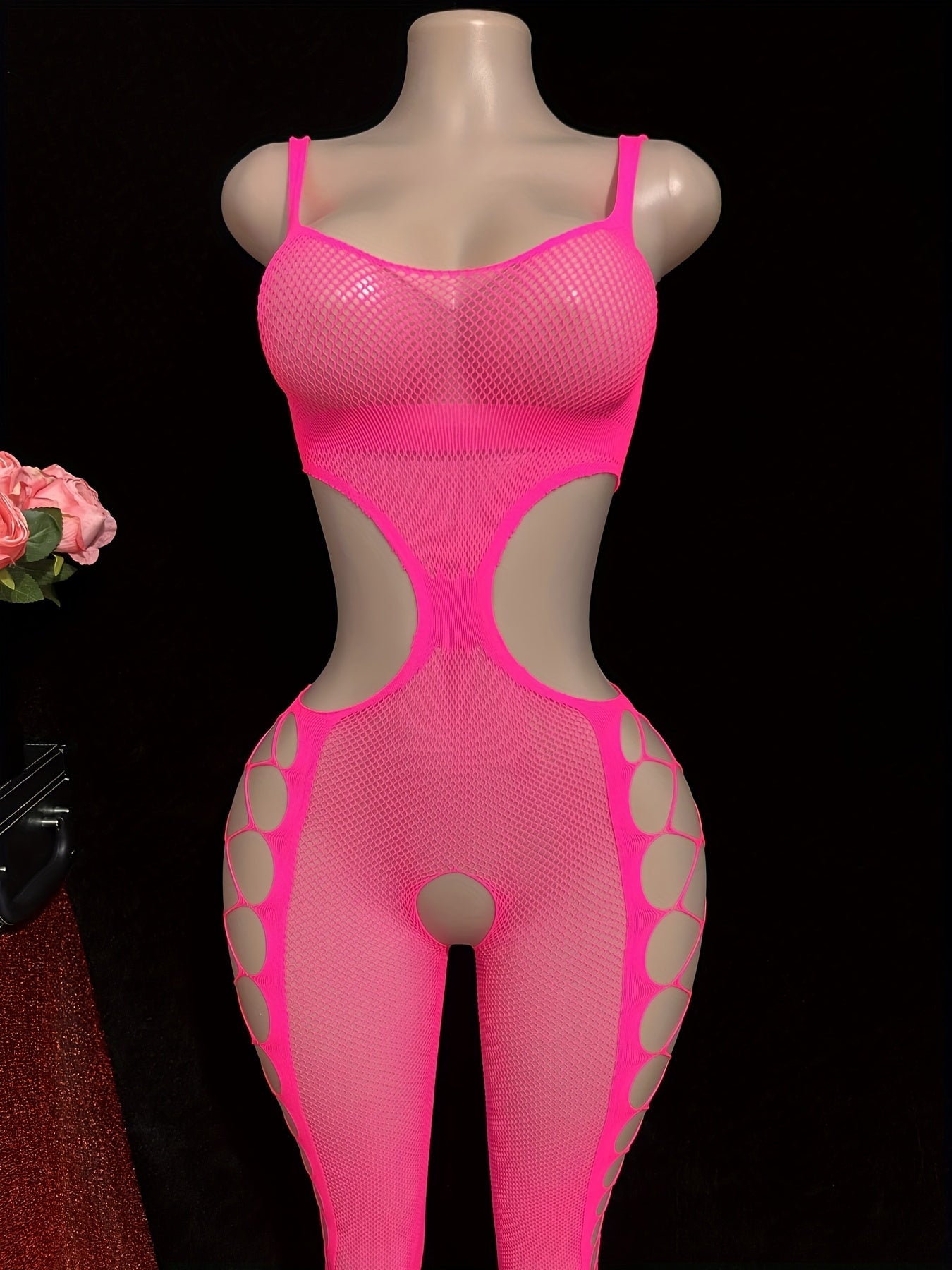 Women's Plus Size Sexy Strapless Halter Jumpsuit - Sheer Mesh Bodysuit with Exposed Waist & Thigh Slit, High-Stretch Pink/Black Stretchy Outfit for Parties, Nightclub, Semi-Formal Wear (Hand Washable) - One-Piece Swimsuit,