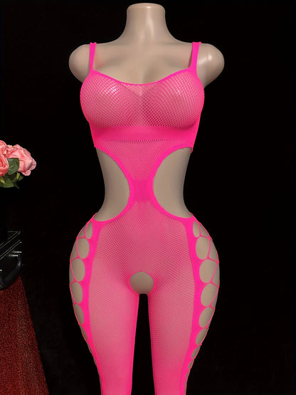 Women's Plus Size Sexy Strapless Halter Jumpsuit - Sheer Mesh Bodysuit with Exposed Waist & Thigh Slit, High-Stretch Pink/Black Stretchy Outfit for Parties, Nightclub, Semi-Formal Wear (Hand Washable) - One-Piece Swimsuit,