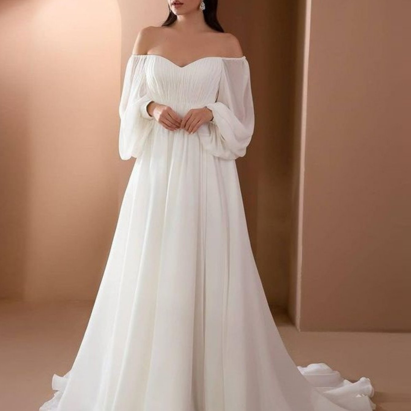 Women'S Elegant Vintage-Inspired One-Shoulder/Off-Shoulder Wedding & Party Dress - Long Sleeve A-Line Chiffon Gown with Puff Sleeve & Train Hem, Solid Formal Evening Gown for Spring Summer Fall, Loose Fit A-Line Silhouette, L