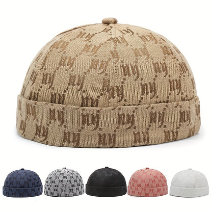 Men's & Women's Retro Snapback Brimless Melon - Beige/Navy/Black/Red/Brown/Grey with NY Logo-Like Letter Print, All-Season Casual Hat, -Filled for Warmth, Hand Washable (Unisex) for Hip-Hop & Casual Attire