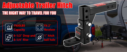 OPENROAD Adjustable Trailer Hitch Ball Mount, Fits 2-Inch Receiver, 1-Inch Hole, 7500lbs, 9-1/2" Drop/ 8-1/4" Rise Drop Hitch, Tow Hitch for Heavy Duty Truck with Stainless Steel Pins