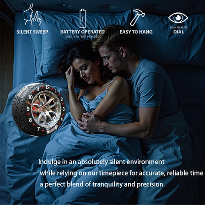 12 Inch Large Modern Car Tire Wall Clock - Heated Glass Silent Quartz Movement with Mechanism, Red & Black Rims & White Face - Battery- (AA Not Included) - Auto-Themed Home Decor for Living Room, Bedroom, - Novel, 2D Flat