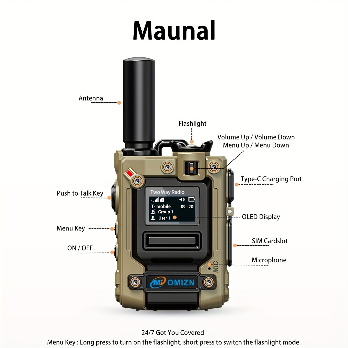 OMIZN-M8 Global Walkie Talkie 5000km Nationwide PoC Two Way Radios with SIM Card 6800mAh AES256 Type-C Charging Noise Reduction Long Range, Emergency Communication, Outdoor Communication, Lightweight Radio, Portable Device, D