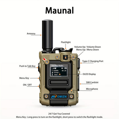OMIZN-M8 Global Walkie Talkie 5000km Nationwide PoC Two Way Radios with SIM Card 6800mAh AES256 Type-C Charging Noise Reduction Long Range, Emergency Communication, Outdoor Communication, Lightweight Radio, Portable Device, D
