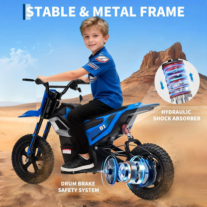 24V 350w Kids Ride On Motorcycle, 13.6MPH Max Speed, Mini Dirt Bike with Rear Wheel Suspension, Music, 12 Miles Range, Twist Grip Throttle, Seats, Blue