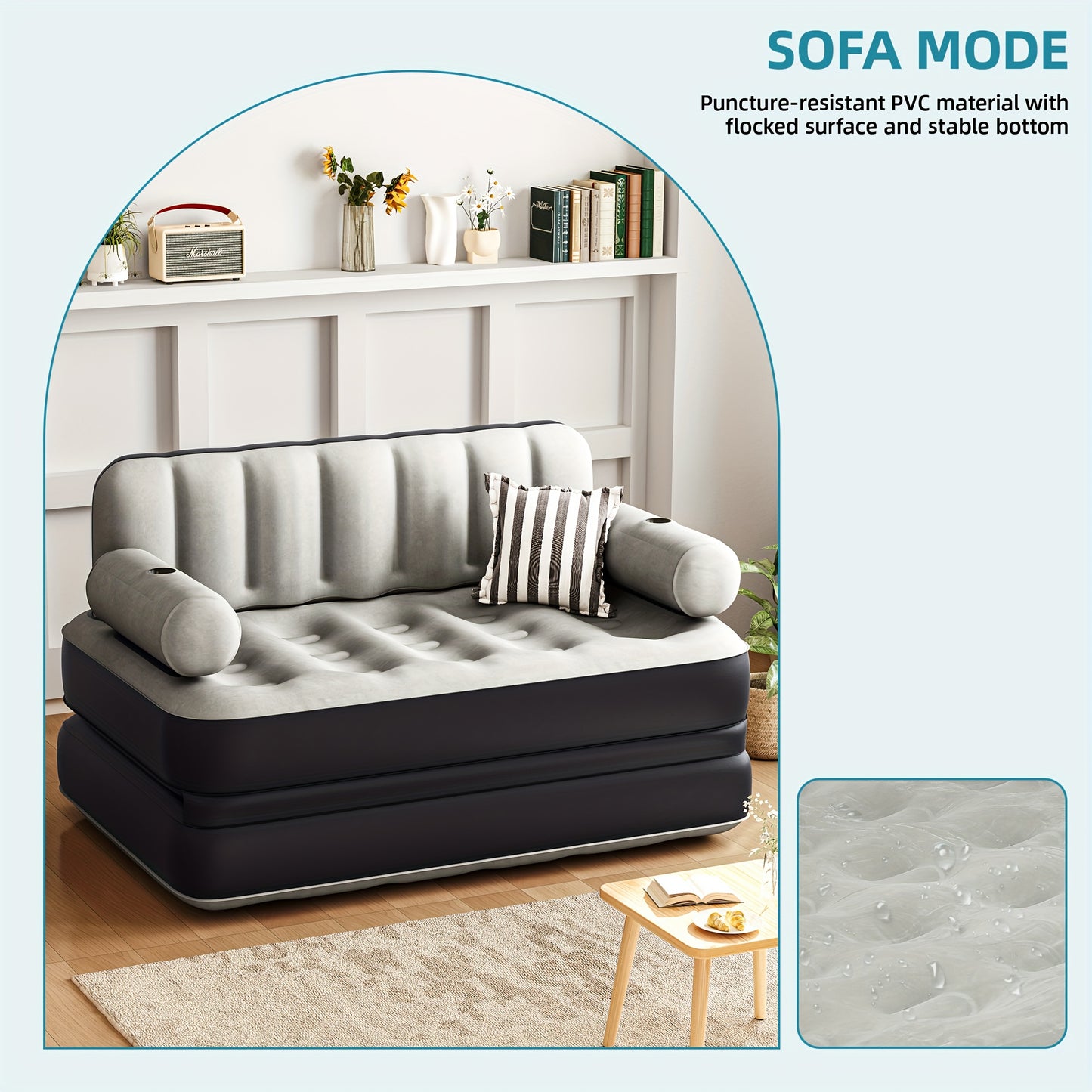 Inflatable Air Sofa Bed 2-in-1 Backrest Couch Airbed W/Headboard And External Pump, Portable Convertible Blow Up Bed Mattress W/Storage Bag, Sofa W/Build-in Cup Holders Arm, For Home, Outdoor Camping And Guests, Living Room F