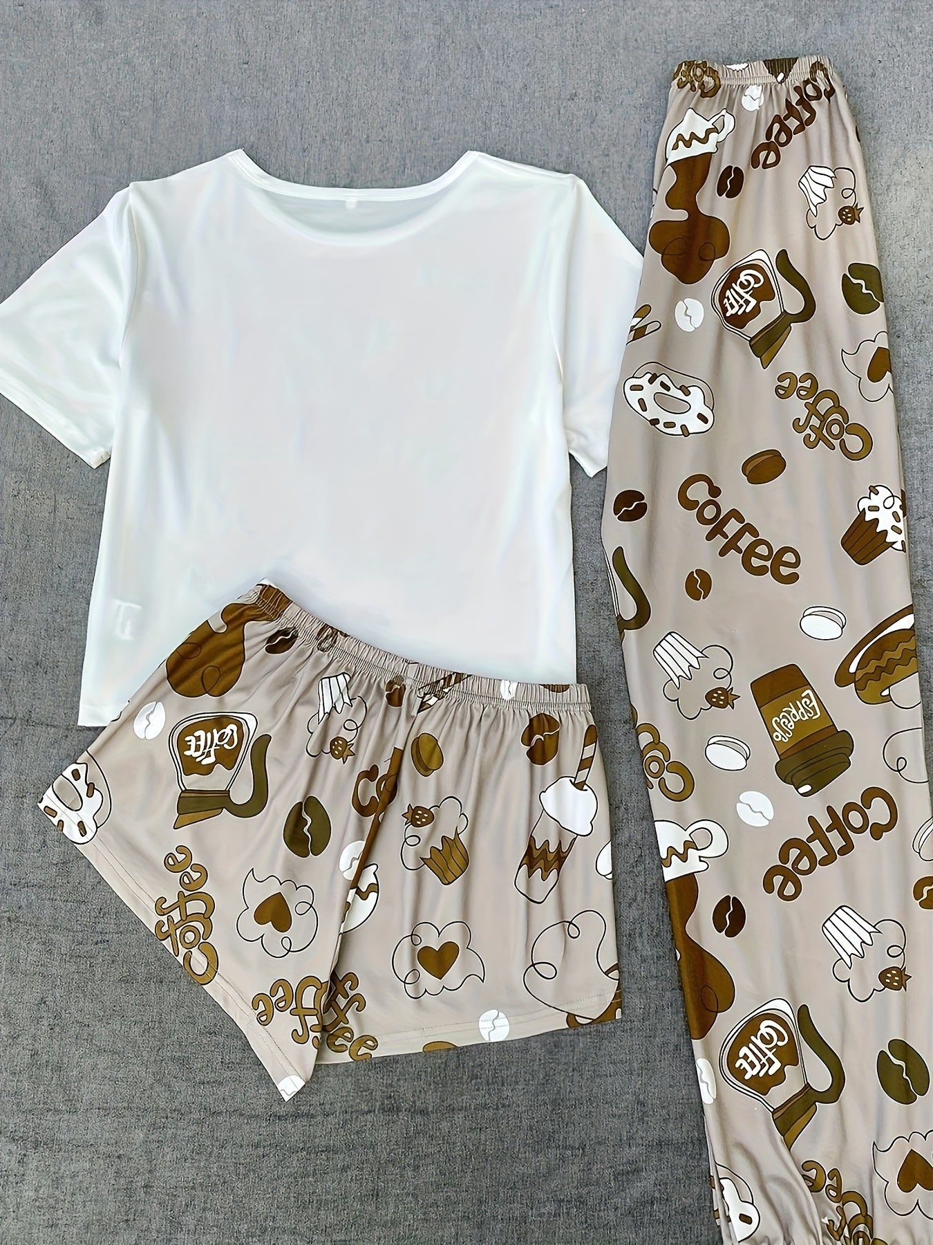 Women's Pajama Set with Milk Tea Cartoon Print, Polyester, Suitable for All Seasons, Casual Round Neck Comfortable Home Wear