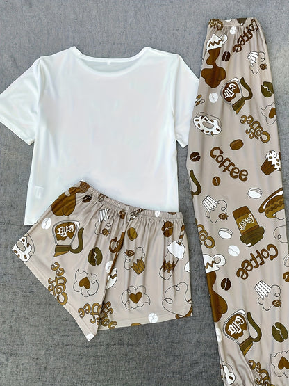 Women's Pajama Set with Milk Tea Cartoon Print, Polyester, Suitable for All Seasons, Casual Round Neck Comfortable Home Wear