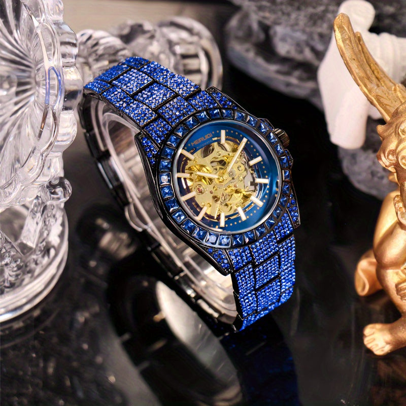 1pc Youth Men's Yellow Blue Steel Band Gorgeous Elegant Automatic Skeleton Tourbillon Mechanical Watch, Men's Fashion Accessory, Luxury Timepiece, Skeleton Dial Design, Elegant Timepiece, Automatic Movement, Durable Construct