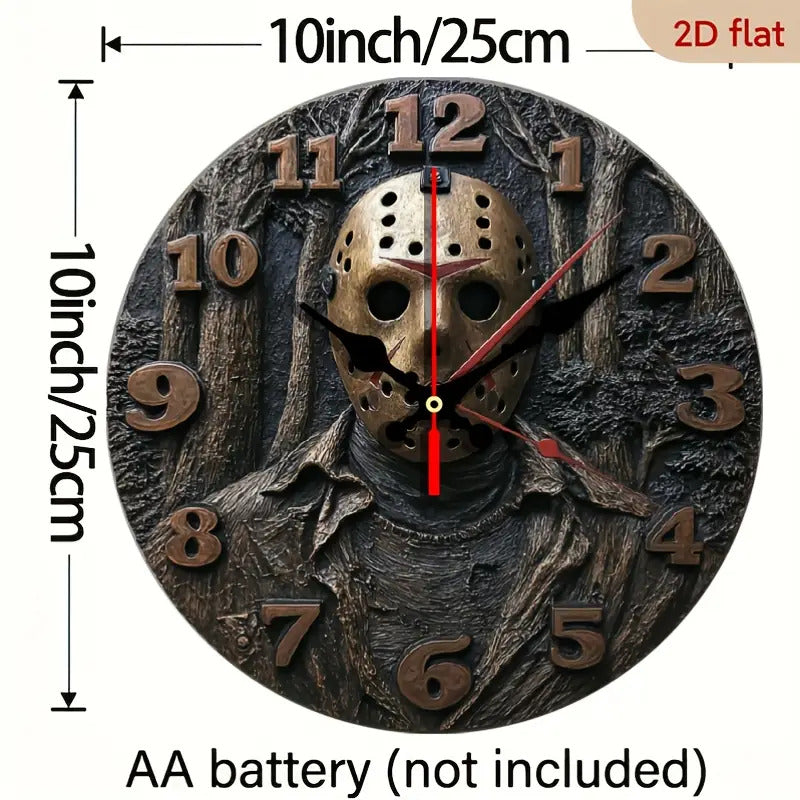 Friday the 13th Jason Voorhees Mask Wall Clock- 10inch  Silent Quartz Horror  Decoration, 2D Flat Printing, Artificial Wood Round Clock, Suitable for Halloween, Christmas, Living Room and Bedroom- Energy Saving(AA Batteries I