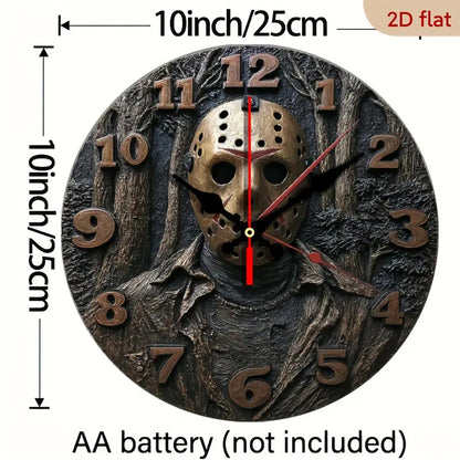 Friday the 13th Jason Voorhees Mask Wall Clock- 10inch  Silent Quartz Horror  Decoration, 2D Flat Printing, Artificial Wood Round Clock, Suitable for Halloween, Christmas, Living Room and Bedroom- Energy Saving(AA Batteries I