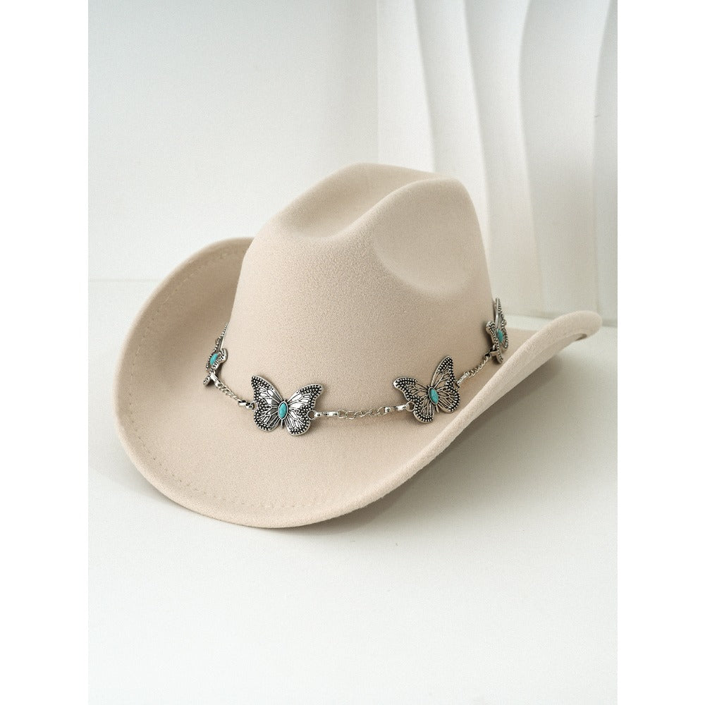Women'S Bohemian Turquoise & White Cowboy Hat - Felt Wide Brim Sun Hat with Butterfly Metal Chain Accent, Non-Stretch Formal & Western Style for Christmas, Festivals, Casual Attire - Hand Washable Elegant Felt Cowboy Cap, Cow