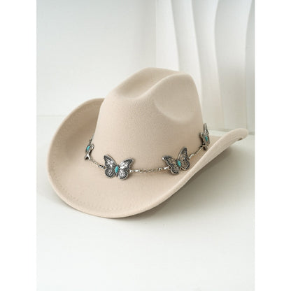 Women'S Bohemian Turquoise & White Cowboy Hat - Felt Wide Brim Sun Hat with Butterfly Metal Chain Accent, Non-Stretch Formal & Western Style for Christmas, Festivals, Casual Attire - Hand Washable Elegant Felt Cowboy Cap, Cow