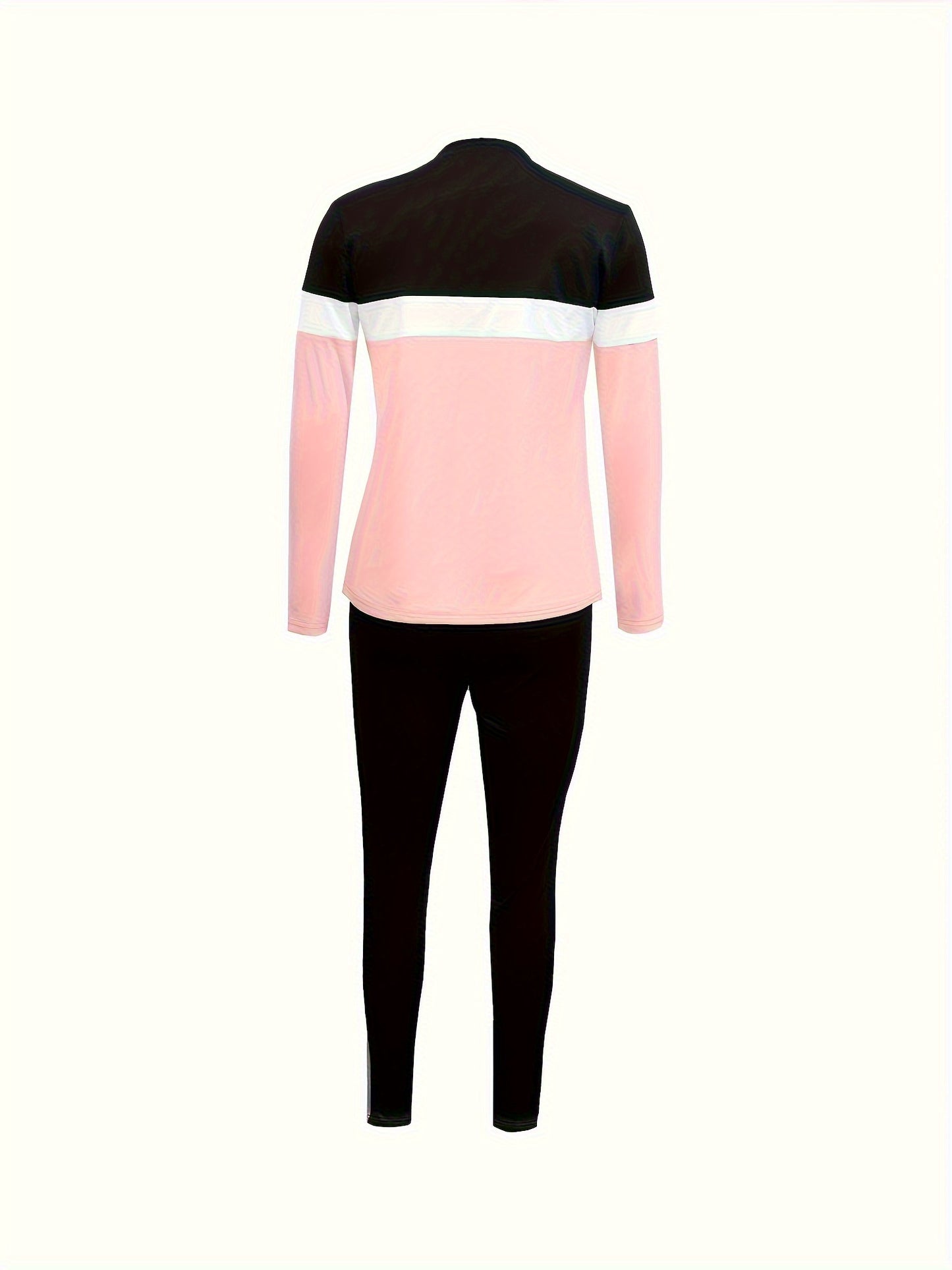 Color Block Striped Print Two-Piece Set, Round Neck Long Sleeve Top And Drawstring Pants, Women's Fashion