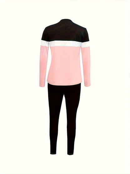 Color Block Striped Print Two-Piece Set, Round Neck Long Sleeve Top And Drawstring Pants, Women's Fashion