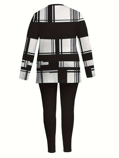 Women's Casual Long Sleeve Top& Leggings Set, Polyester Geometric Print Crew Neck S Stretch Lash Sets