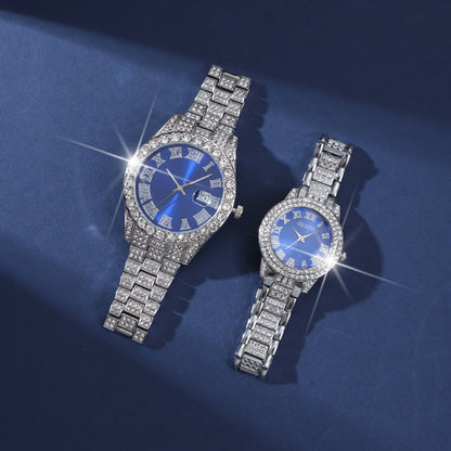 2pcs/ set, Couple Watches Sets, Luxury Rhinestone Setting Stainless Steel Strap Quartz Watches Analog Elegant Round Dial Design Wristwatch, Middle East, Ramadan Ideal Choice for Gifts.