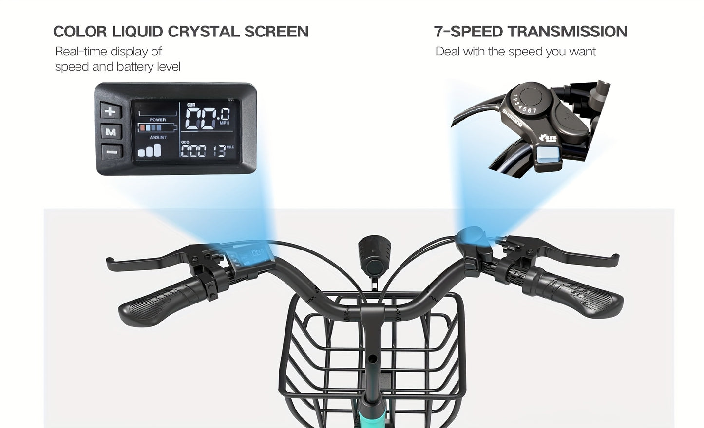 24-inch Wheels, 20-26MPH Commuter, LCD Display, 7 Speed Shift Adult Electric Bicycle, 350-500w Powerful Motor, 36V 10.4A Lithium Battery, Aluminum Alloy Body, Front Fork Shock Absorber, Headlights, Night Driving Protection, B