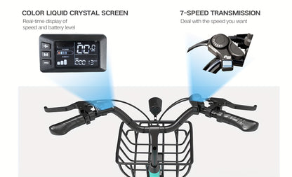 350-500w Powerful Motor, 20-26MPH Commut Erelectric Bike, LCD Display, 7 Speed Shift Adult Electric Bicycle, 36V 10.4A Lithium Battery, 24-inch Wheels, Aluminum Alloy Body, Front Fork Shock Absorber, Headlights, Night Driving
