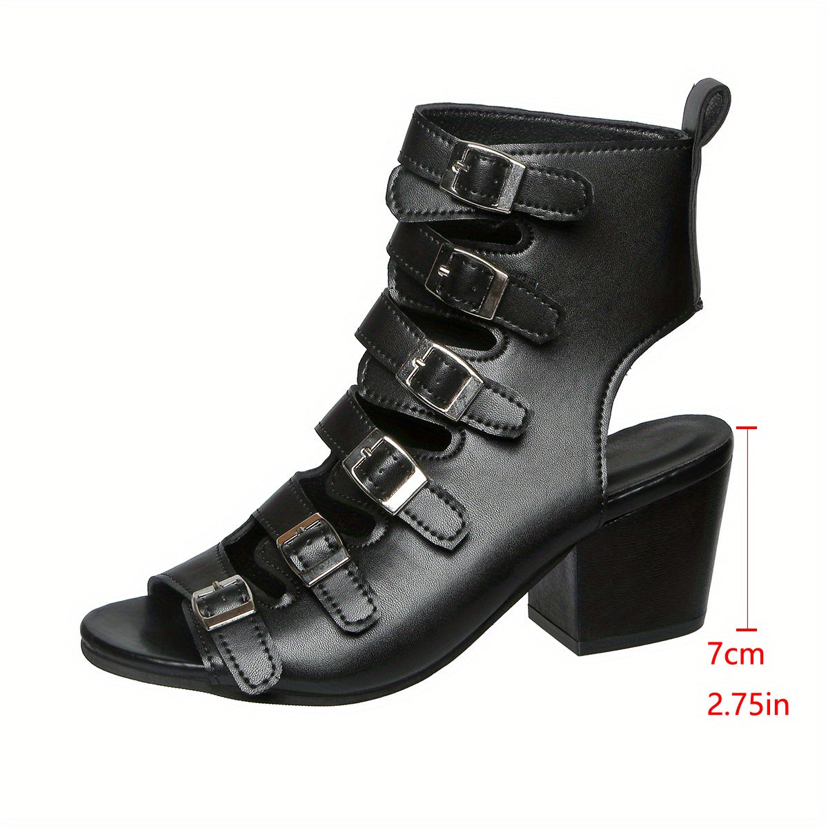 Women's Faux Cover Multi-Buckle High-Heel Sandals - Pointed Toe Moccasin-Style Square Heel with Lacing System & Arch - PU Cover Upper & Rubber Sole - Solid Black Dress Shoes for Women (Wide Widths Available) - Hand Washable -