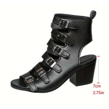 Women's Faux Cover Multi-Buckle High-Heel Sandals - Pointed Toe Moccasin-Style Square Heel with Lacing System & Arch - PU Cover Upper & Rubber Sole - Solid Black Dress Shoes for Women (Wide Widths Available) - Hand Washable -