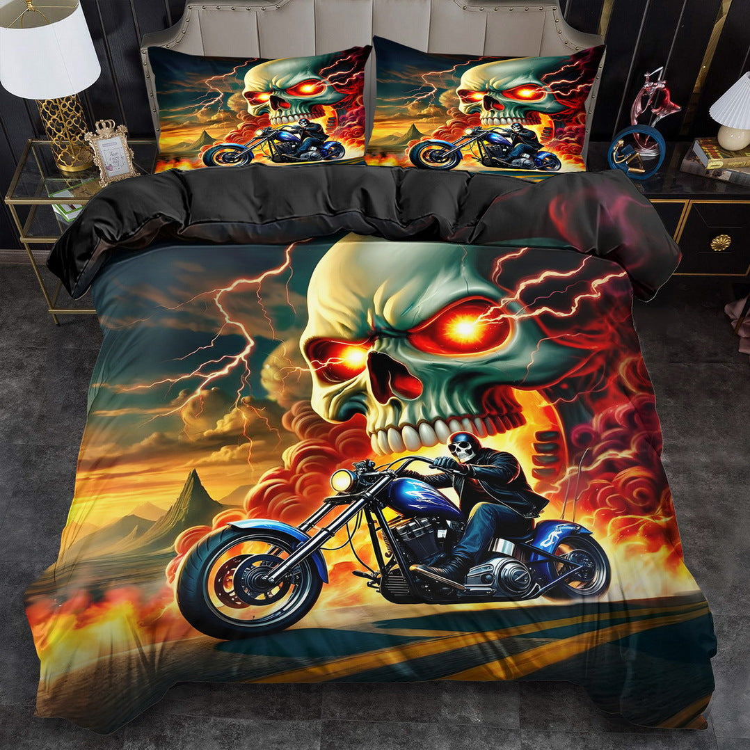 2/ 3pcs Quilt Cover Set, Motorcycle Skeleton Print Duvet Cover Set, King Queen Style Bedding Set, Polyester Machine Washable, Quilt Decoration, Bedroom Guest Room, Birthday Gift (Includes 1 Duvet Cover + 1 or 2 Pillowcases, N