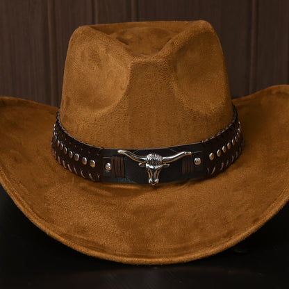 Unisex Western Cowboy Hat - Classic Suede-like Texture with Metal Studs & Cow Pattern, Lightweight Durable Braided Design, Feather-Free & Non-Washable, Elegant Wide Brim for Men & Women - Western-Themed Events, Rodeo, Casual