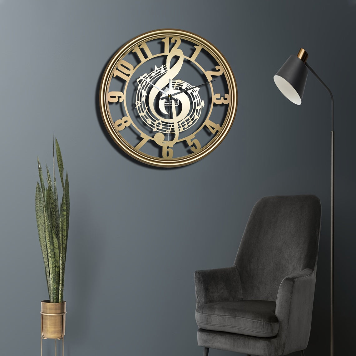 [1pc Music Note Wall Clock] 1pc Music Note Design 16-Inch Metal Wall Clock, Silent Mechanical Movement, Round Shape, Battery Operated with AA Battery (Not Included), Perfect for Classroom, Living Room, Party, Hallway, Housewa