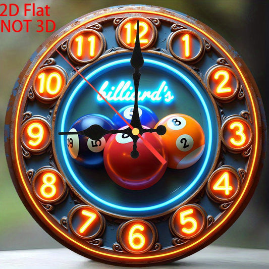 vintage, 1pc, a neon sign that says billiards on it, Vintage Clock, 9.8inch, 2D Flat Silent Wall Clock, Non-Luminous, Wooden Quartz Design, perfect for spiritual homes/ holiday/ Living Room/ Coffee/ Bedroom/ Gifts Decor.