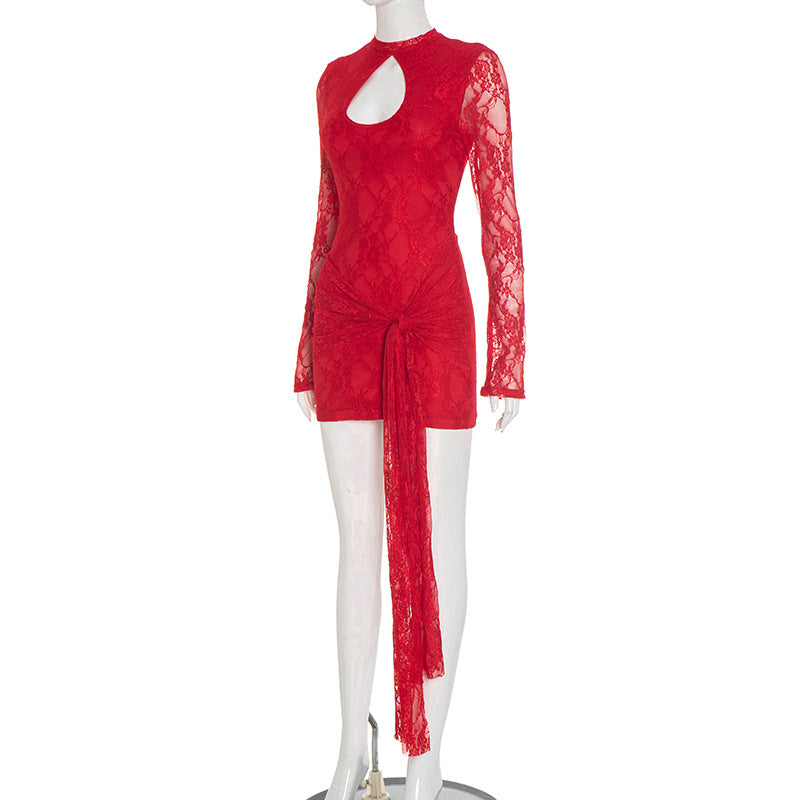 Ladies' Fashionable Dress for Parties and Gatherings Solid Color Hollow Out Straps Sexy Lace Long Sleeved Ribbon Short Dress