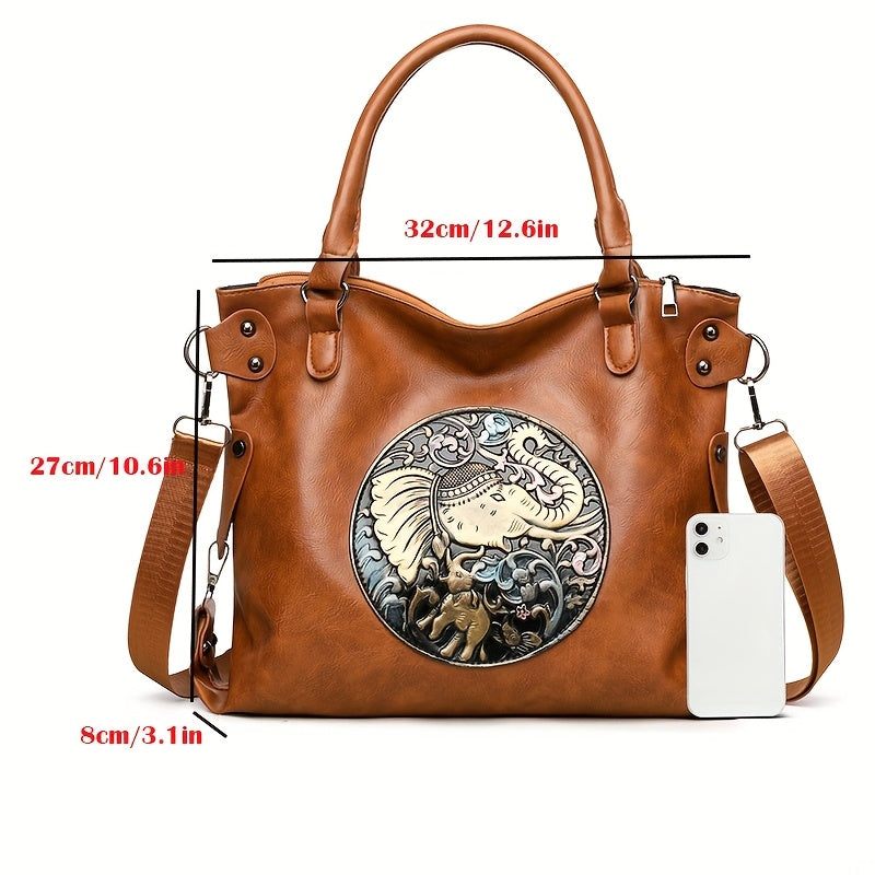 Women'S Large Capacity Tote Bag with Adjustable Strap - Elegant Black & Golden Animal Print (Elephant, Leopard, Lion, Tiger, Dragon) - Durable Synthetic Faux Leather-like Texture, Spacious Everyday Purse for Work, Travel, Ver