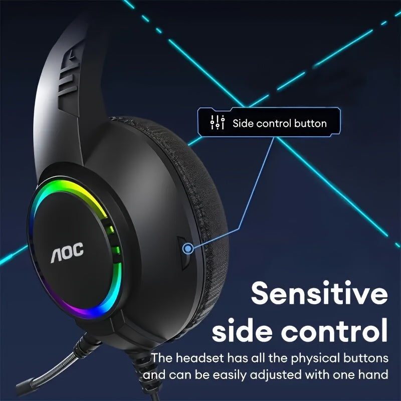 AOC Surround Bass Headphones with LED Lights, Jack, Volume Control, Condenser Mic, Tangle-Free Design, Compatible with PS5, PS4, Xbox One Controllers & Mobile Devices, Like Switch - Open-back Earcups, Black Plastic Material