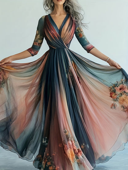 Women'S Bohemian Floral Print Maxi Dress - Elegant Long Sleeve A-Line Plus Size Dress with Puff Sleeve & Floor-Length Hem, Soft Comfortable Fabric for Weddings, Parties, Casual Outfits - All-Season Flowy Formal & Casual Attir