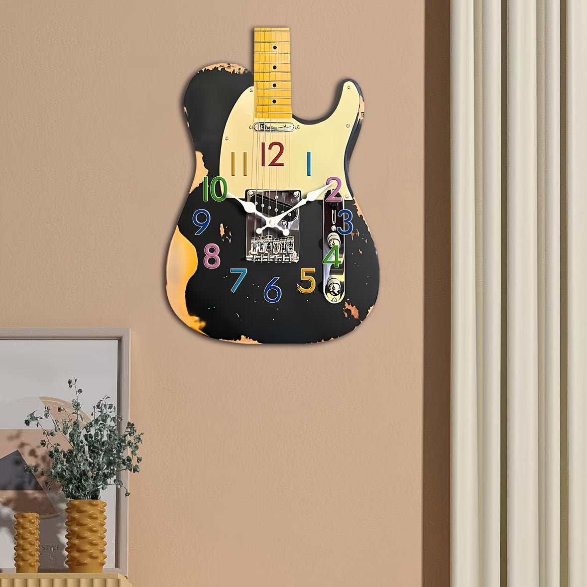 1pc Unique Shaped Clock, Retro Guitar Design Wall Clock, Irregular Cut Guitar Clock, Silent Quartz Unique Creative Music Clock, Suitable for Bedroom, Living Room, Office, Kitchen, Bathroom, Battery Powered (Batteries Not Incl