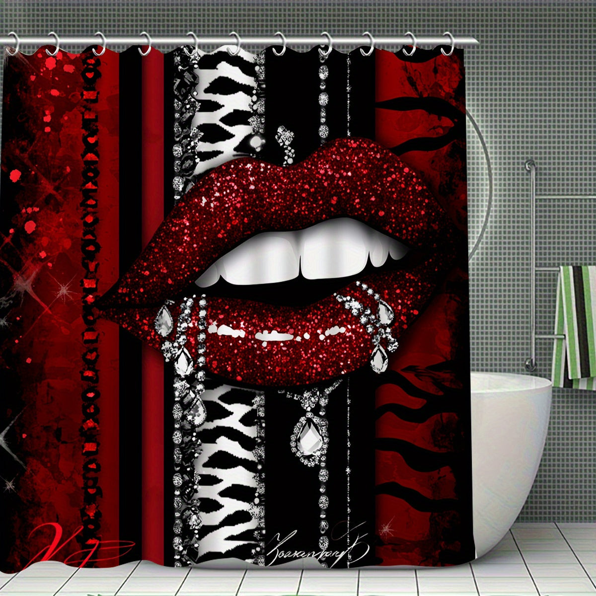 Sexy Red Lips Print 4pcs Bathroom Set with 12 Hooks - High Quality Shower Curtain, Anti-Slip Bath Mat, Toilet Cover & U-Shaped Carpet - Glitter Accent Black & Red Design, Machine Washable Luxury Bath Decor for Modern Homes