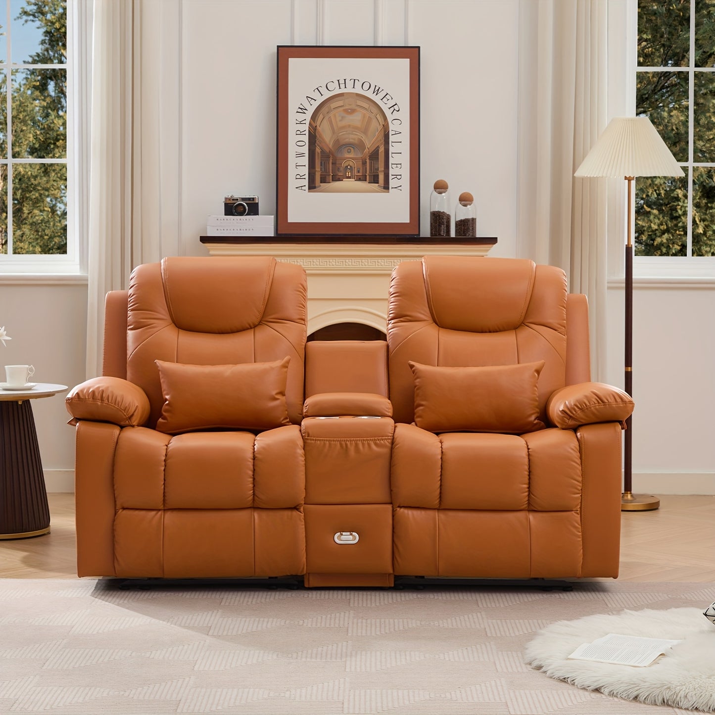 63" Brown Faux Leather Recliner Sofa with Console, Cup Holders, Lumbar Pillow & Storage Pocket - Contemporary Metal Frame Office Chair for Home or Office Use